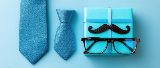 Gift box with glasses and ties on blue background.