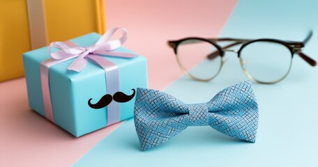 Gift box with bow tie and glasses on pastel backdrop.
