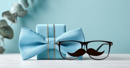 Stylish blue gift with glasses and mustache decor.