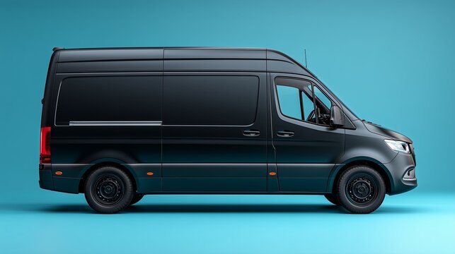 Clean 2D flat black delivery van on a plain soft blue background, logistics transport, simple illustration