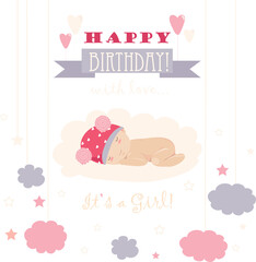 Baby theme. It s a girl. Vector greeting card