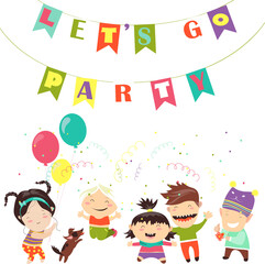 Happy kids celebrating Birthday. Vector greeting card