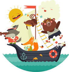 Cute animals travelling by ship on sea. Vector illustration