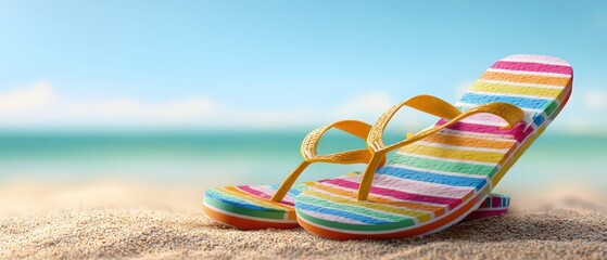 Colorful striped flip-flops on a sunny beach.