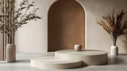 Beige pedestal display with dried plants and vase.