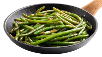 Stir fried long beans in skillet create vibrant and appetizing dish, showcasing fresh green color and glossy texture of beans. cooking process enhances their flavor and appeal