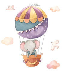 Watercolor elephant in hot air balloon, bird, cloud illustration for kids