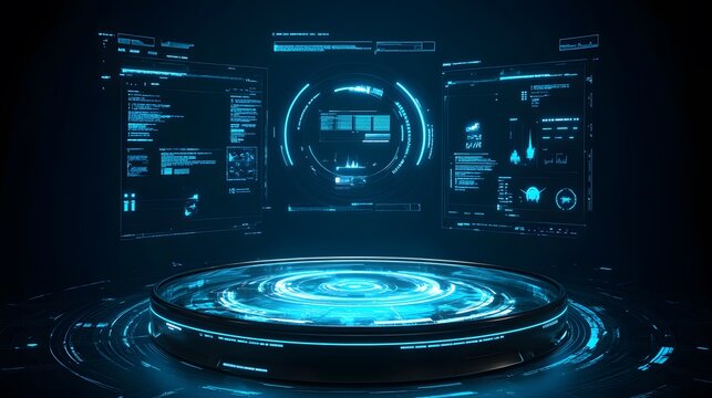 Futuristic display platform with glowing interface elements.