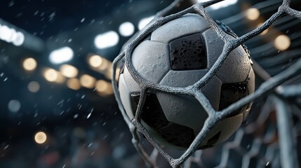Soccer ball hitting the net of a goal during a rainy championship match, creating a dramatic and exciting scene