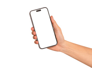 Hand showing smartphone with blank screen isolated.	