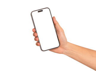 Hand showing smartphone with blank screen isolated.	