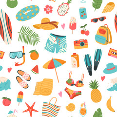 Seamless pattern with summer elements. Colorful summer background with different summertime vacation icons. Hand drawn design concept for print, wrapping paper, fabric, wallpaper. Vector illustration