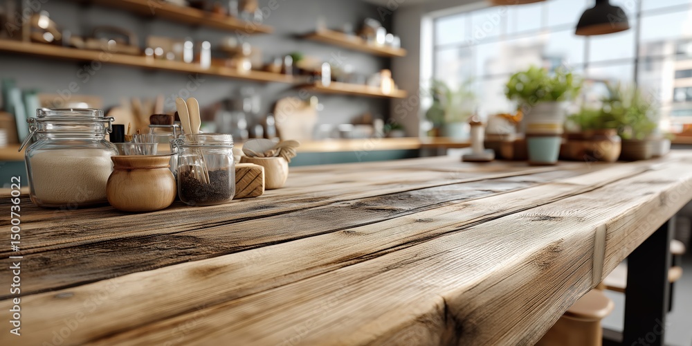 Poster spices and kitchen utensils are sitting on a rustic wooden table in a modern kitchen, creating a war