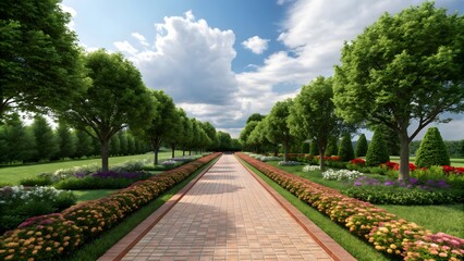 A straight walking track in a park lined with colorful flowers and trees in bright daylight