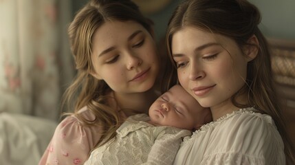 A loving portrait of two young mothers tenderly holding their newborn baby, showing the joy and affection of their LGBT family in a cozy home environment.