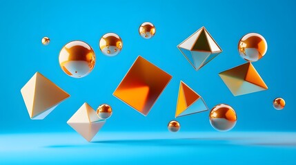 Geometric shapes of gold and cream colors against a light blue background.
