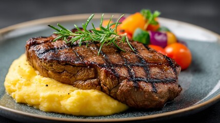 Grilled Steak Delight: A mouthwatering grilled steak sits atop a bed of creamy polenta, garnished with fresh rosemary sprigs and a vibrant medley of colorful vegetables.