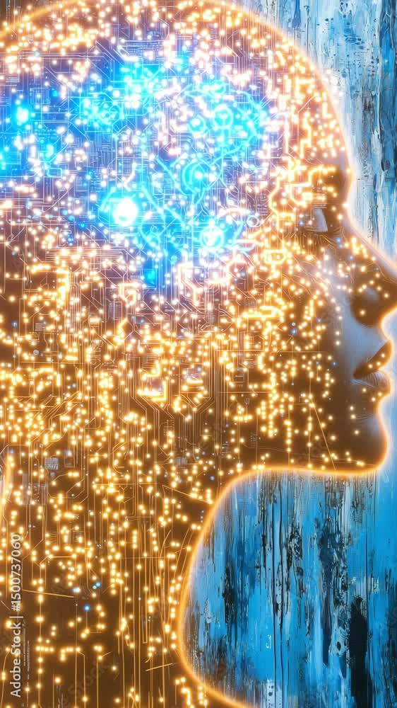 Poster exploring the intersection of technology and human consciousness in an artistic representation of a 