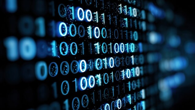 Digital binary code background with blue tones.