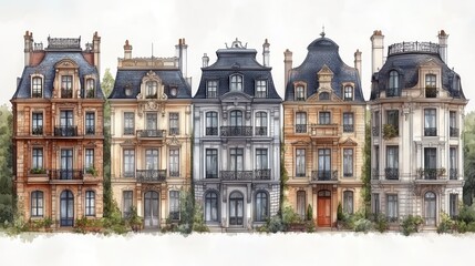 Fototapeta premium Row of ornate, colorful buildings with trees behind in a European style