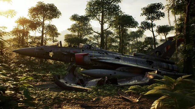 Wrecked fighter jet lies abandoned in a dense jungle surrounded by lush green vegetation and tall trees, crashed jet