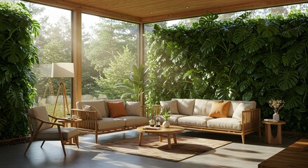 Fototapeta premium Living Room with Green Wall and Natural Light Filled Interior