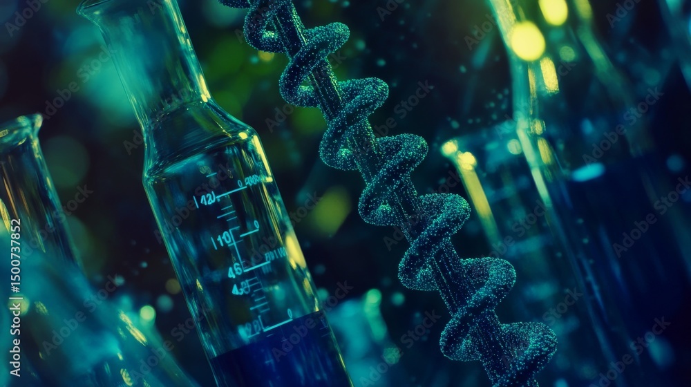 Aufkleber close-up of dna double helix structure with laboratory glassware and chemical flasks in the backgrou