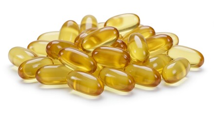 Photo of a Pile of Transparent Yellow Gel Capsules on a White Background