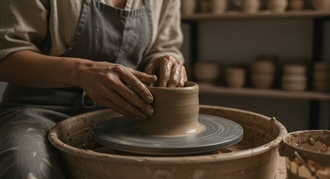 Photo of a Potter Shaping Clay On a Wheel in a Studio Environment