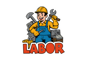 Labor Day Cartoon Worker with Tools isolated on transparent background