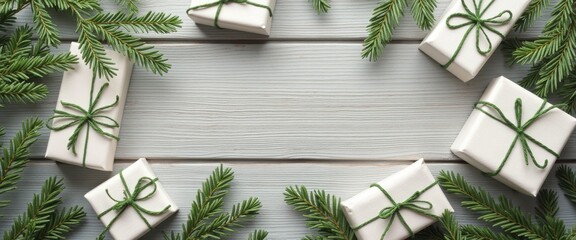 On a light wooden background lie white gift boxes and spruce branches