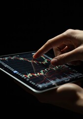 Fototapeta premium Photo Of A Hand Touching A Tablet Screen Displaying Financial Data Against Black Background