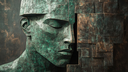 Abstract Bronze Sculpture Weathered Face Emerging from Geometric Blocks