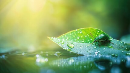 Beetle crawling on dewy leaf in early morning light, macro focus, green tones and water droplets 