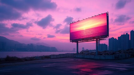 Sunset-themed billboard by water, cityscape backdrop under vibrant pink and purple twilight