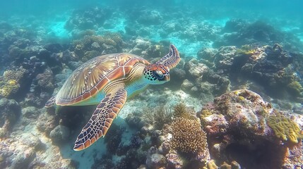 Green sea turtle swimming over coral reef, crystal clear ocean, vibrant marine life, conservation theme