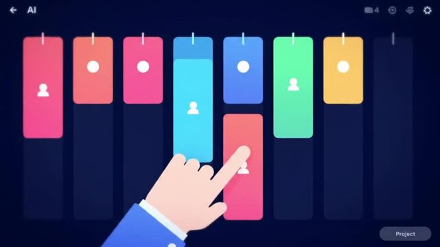 An AI assistant smoothly moves project cards in a digital kanban board. The animation flows gently, camera slides across interface panels.