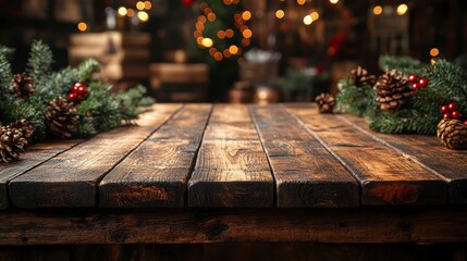 Rustic wooden table with festive pine accents and blurred lights create a holiday ambience