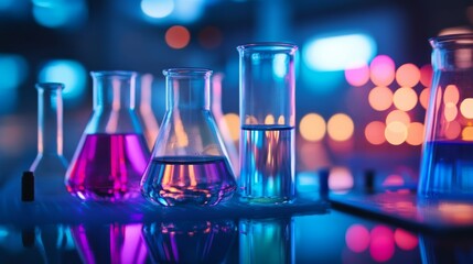 Laboratory glassware filled with colorful chemical solutions used in scientific research, experimental setup in modern laboratory environment, science background with test tubes, beakers, and flasks
