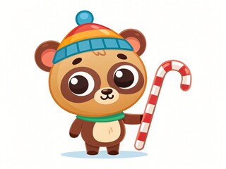 Obraz premium Adorable Cartoon Panda in Winter Hat Holding Candy Cane Festive Christmas Illustration