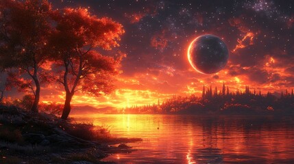 Fototapeta premium Fiery lake view at dusk with distant city, vibrant trees, and moonlit sky