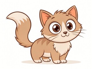 Fototapeta premium Adorable Cartoon Kitten Cute Brown Tabby Cat Big Eyes Fluffy Tail Pet Illustration
