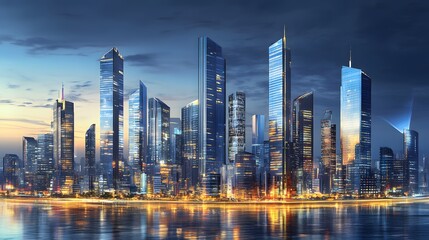 Modern city skyline at twilight reflecting on the water.