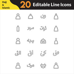 Eid, Hajj and Umrah vector outline Icons set in Thin Line Vector Format.