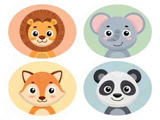 Fototapeta premium Adorable Cartoon Animals Lion Elephant Fox Panda Cute Baby Animal Illustrations