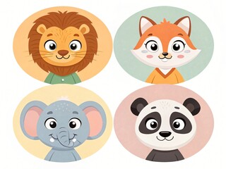 Fototapeta premium Adorable Cartoon Animals Lion Fox Elephant Panda Portraits