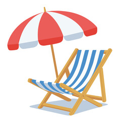 Image of a Colorful Beach Lounge Chair with Umbrella at a Beautiful Coastal Scene