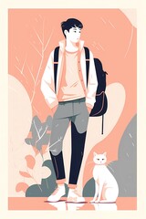 Obraz premium Minimalist Korean-Style Illustration of a Boy and Cat – Modern Flat Art Poster Design
