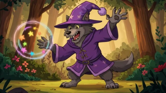 Cartoon wizard wolf casting magic spells in colorful outfit