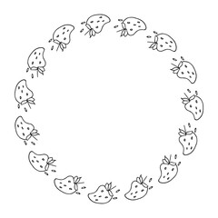 Round Strawberry Fruit frame in Doodle sketch style. Strawberries wreath with copy space. Black and white wreath, summer healthy eating. Hand drawn fruit desig. Vector Hollyday border with berries.